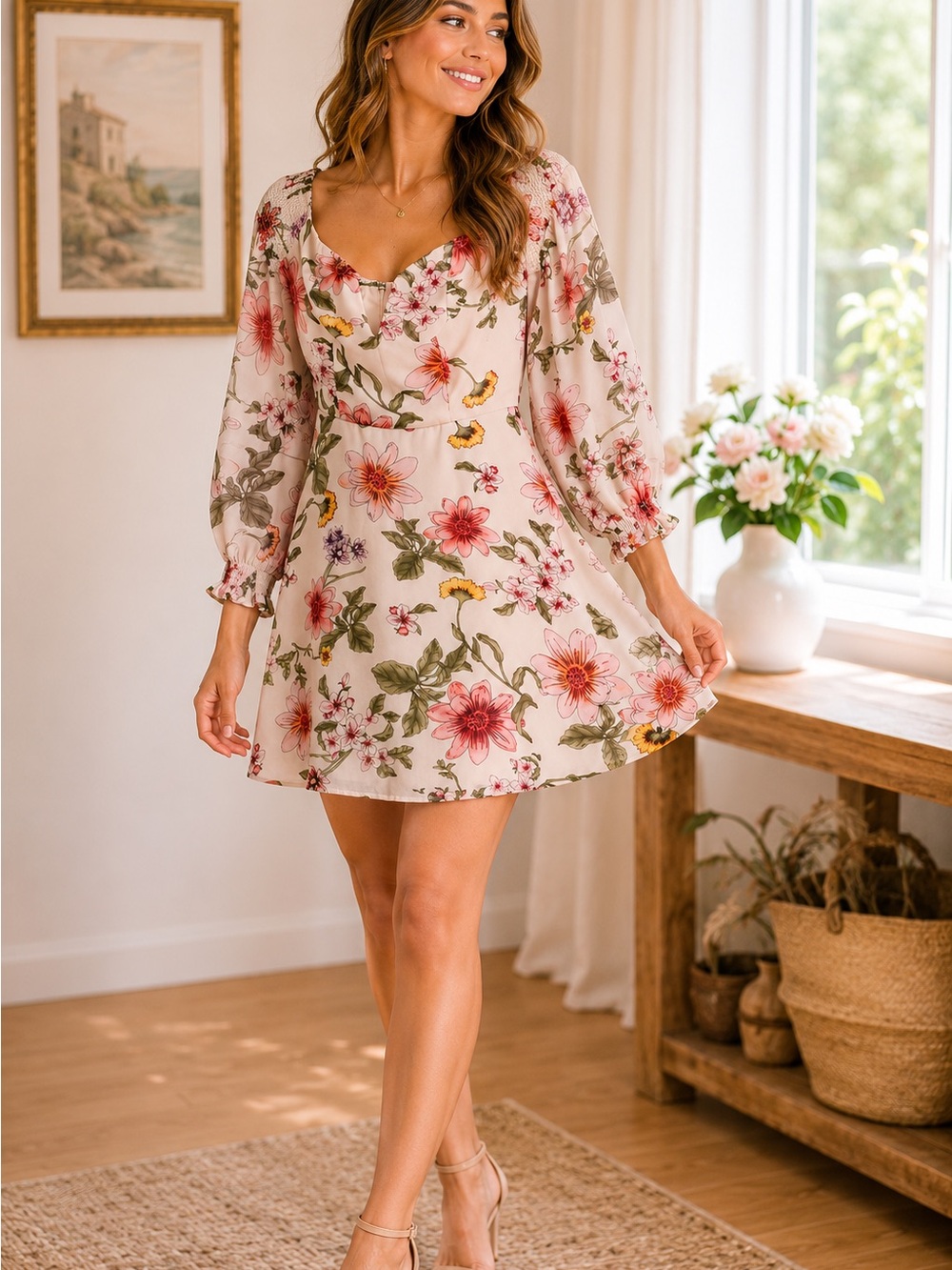 Guess Floral Puff Sleeve Mini Dress Cream Pink Cottagecore Small